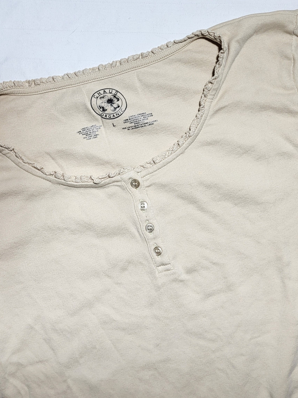 Chaus Organic Cotton Cream Scoop Neck Henley with Crochet Trim